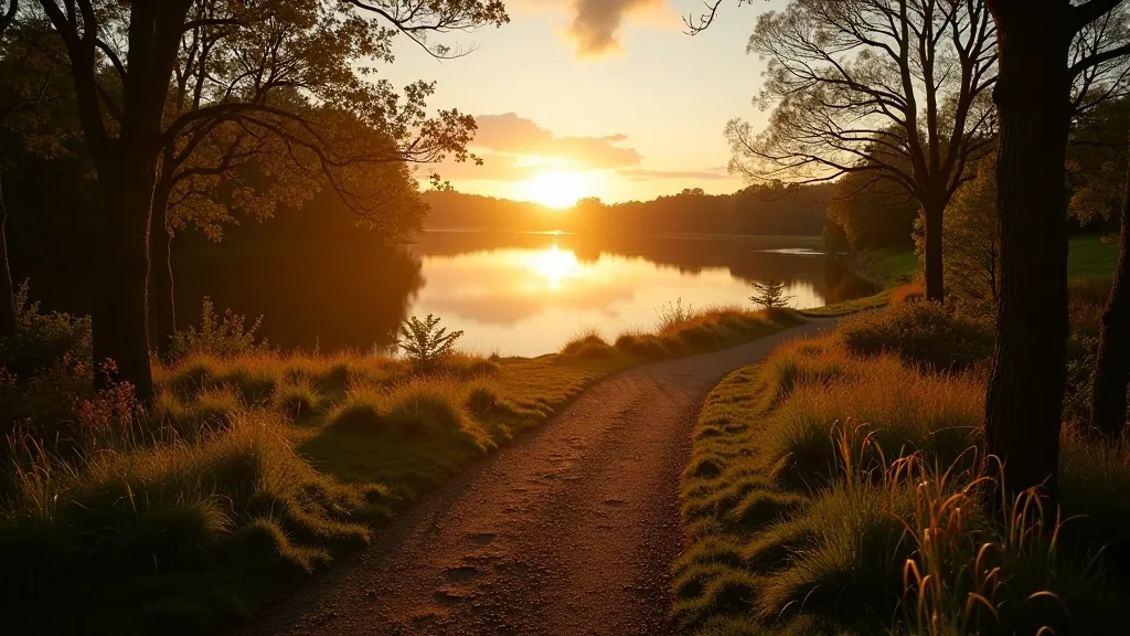 Peaceful waterside path with golden light reflecting off calm lake waters