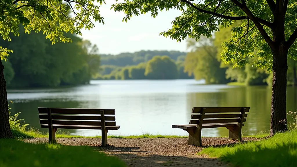 Peaceful rest area with benches overlooking calm lough waters and distant shoreline
