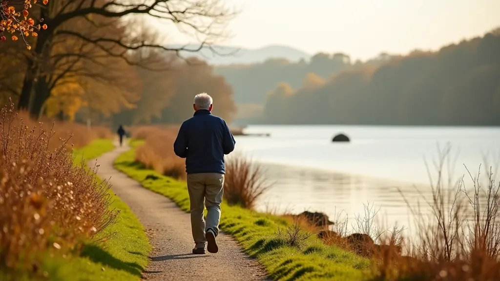 Person walking along a peaceful lake shore in Ireland
