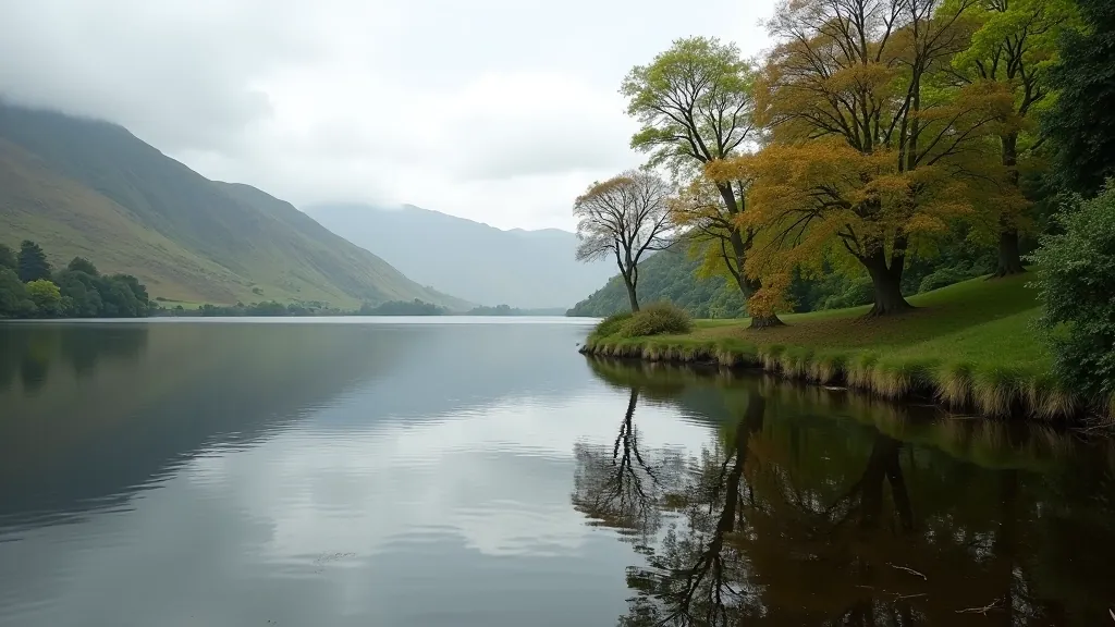 Muckross Lake surrounded by ancient oak trees with reflections in still water and mountain backdrop
