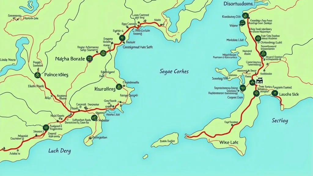 Walking trail map showing Lough Derg shoreline with marked sections and rest points