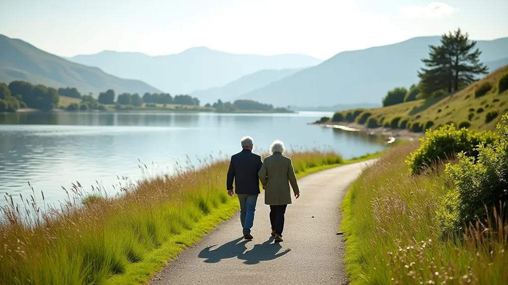 Scenic lakeside path with calm water reflecting mountains and green shoreline