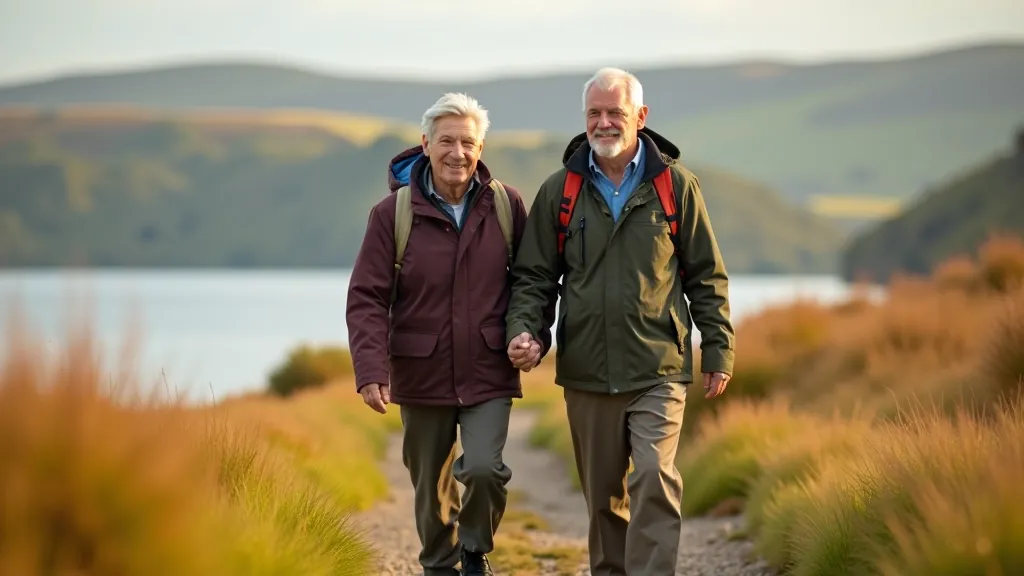 Senior couple walking together on scenic shoreline trail with mountains in distance