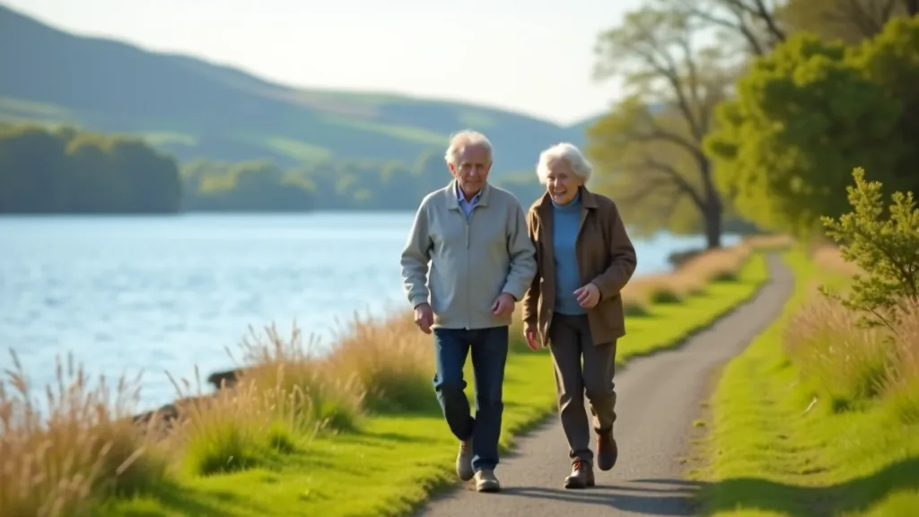 Two seniors enjoying a peaceful walk along an Irish lakeside path with blue water and green hills in the background