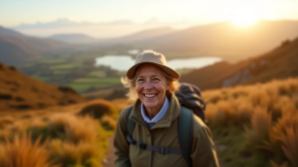 Hikers on moorland path with rolling hills and distant lake views, golden afternoon light