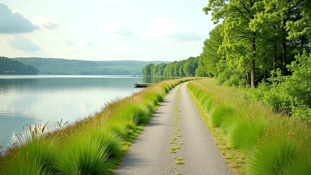Peaceful lakeside path with calm water and green landscape