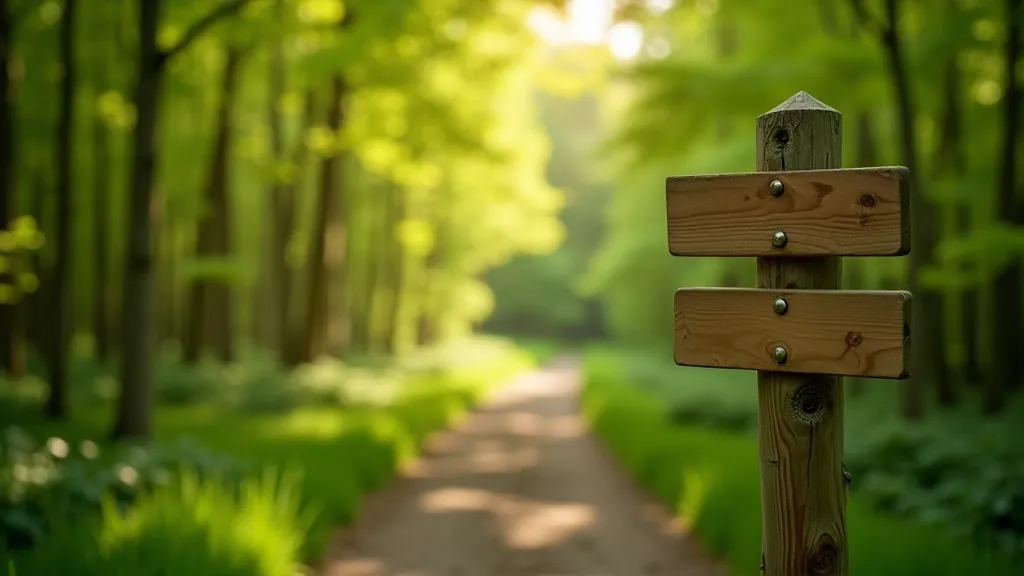 Forest trail signpost with hiking route markers at entrance to woodland walking path