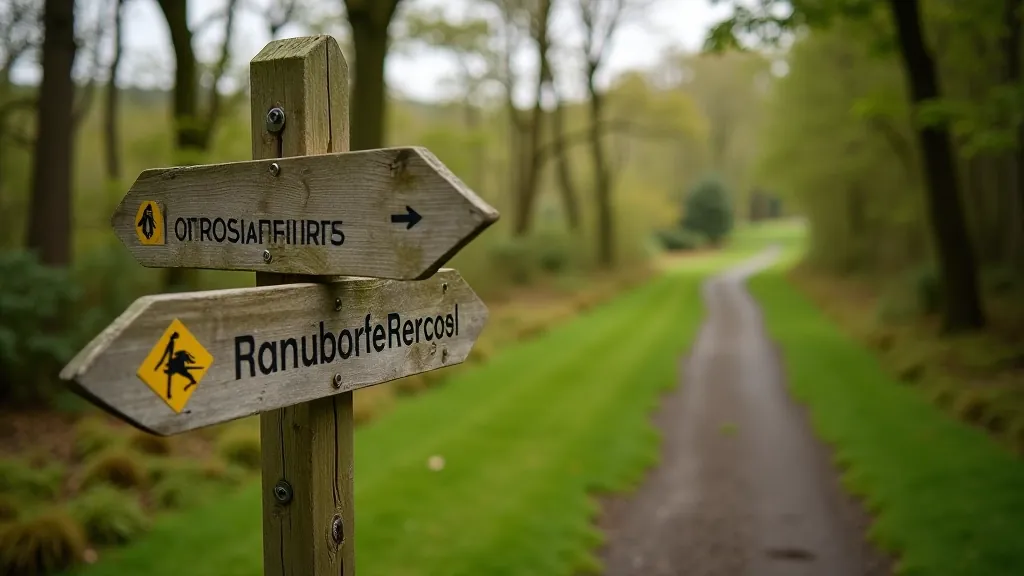 Wooden signpost at forest trail entrance with hiking route markers and distance information