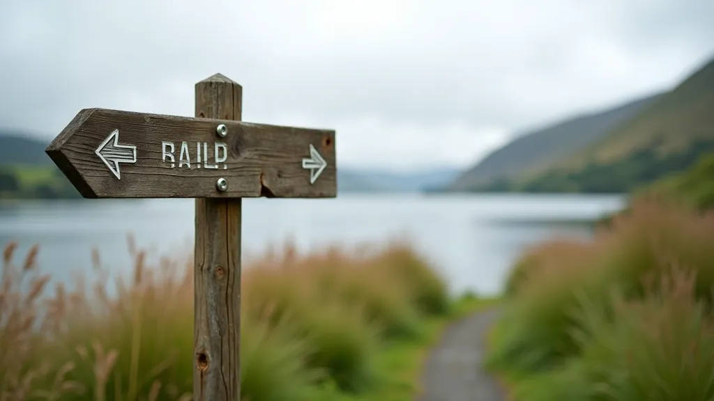 Wooden signpost marking trail directions at the entrance to Muckross Lake walking area with directional arrows